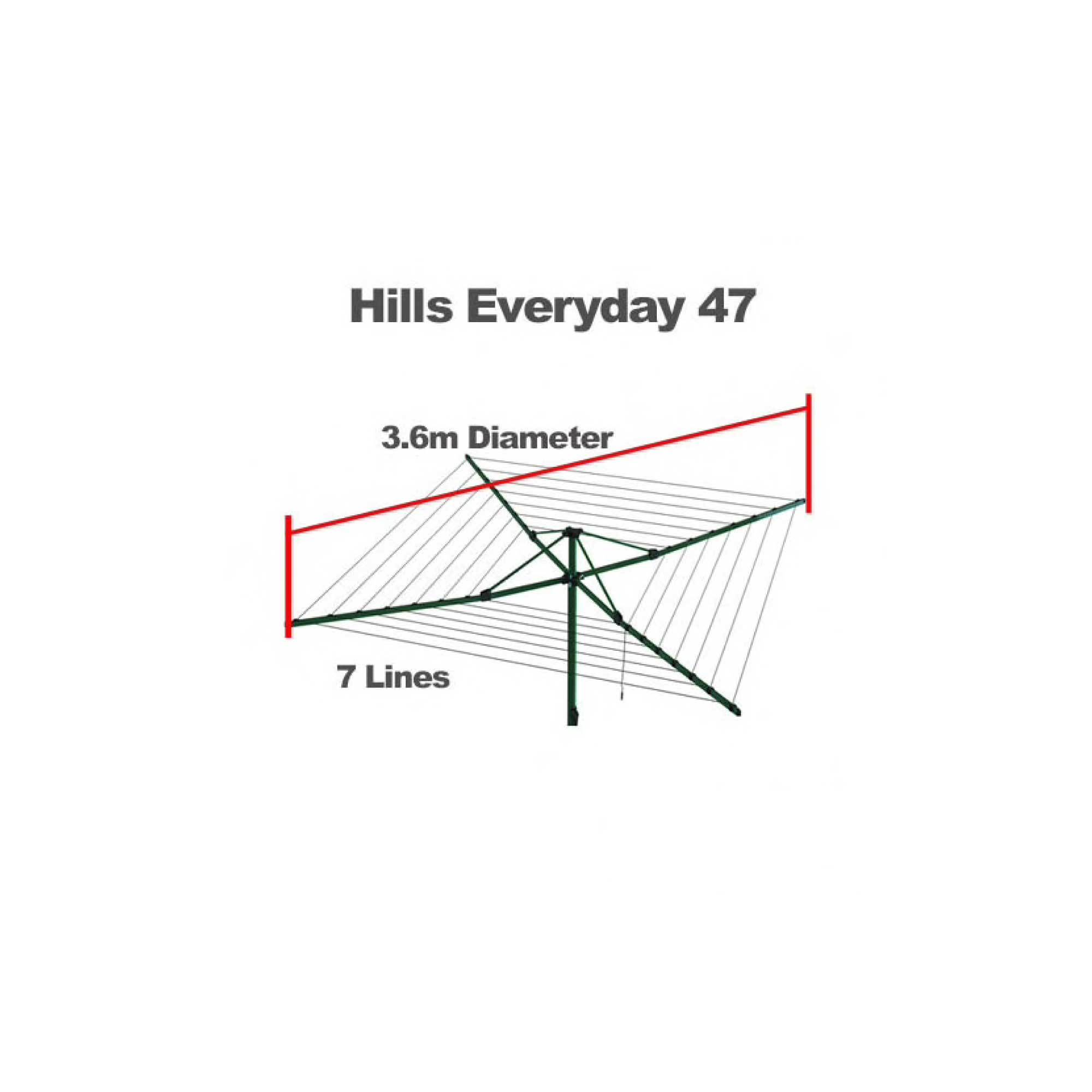 Hills Everyday Rotary 47 Clothesline in Norfolk Pine color, showcasing its 7 lines and sturdy design, perfect for large family washes.